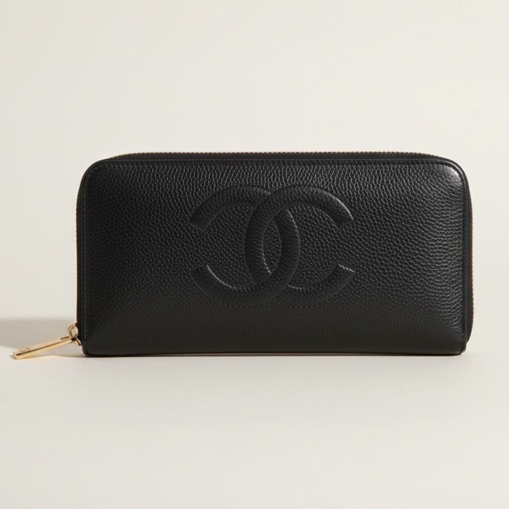 Chanel Black Caviar Leather CC Zip Around Wallet